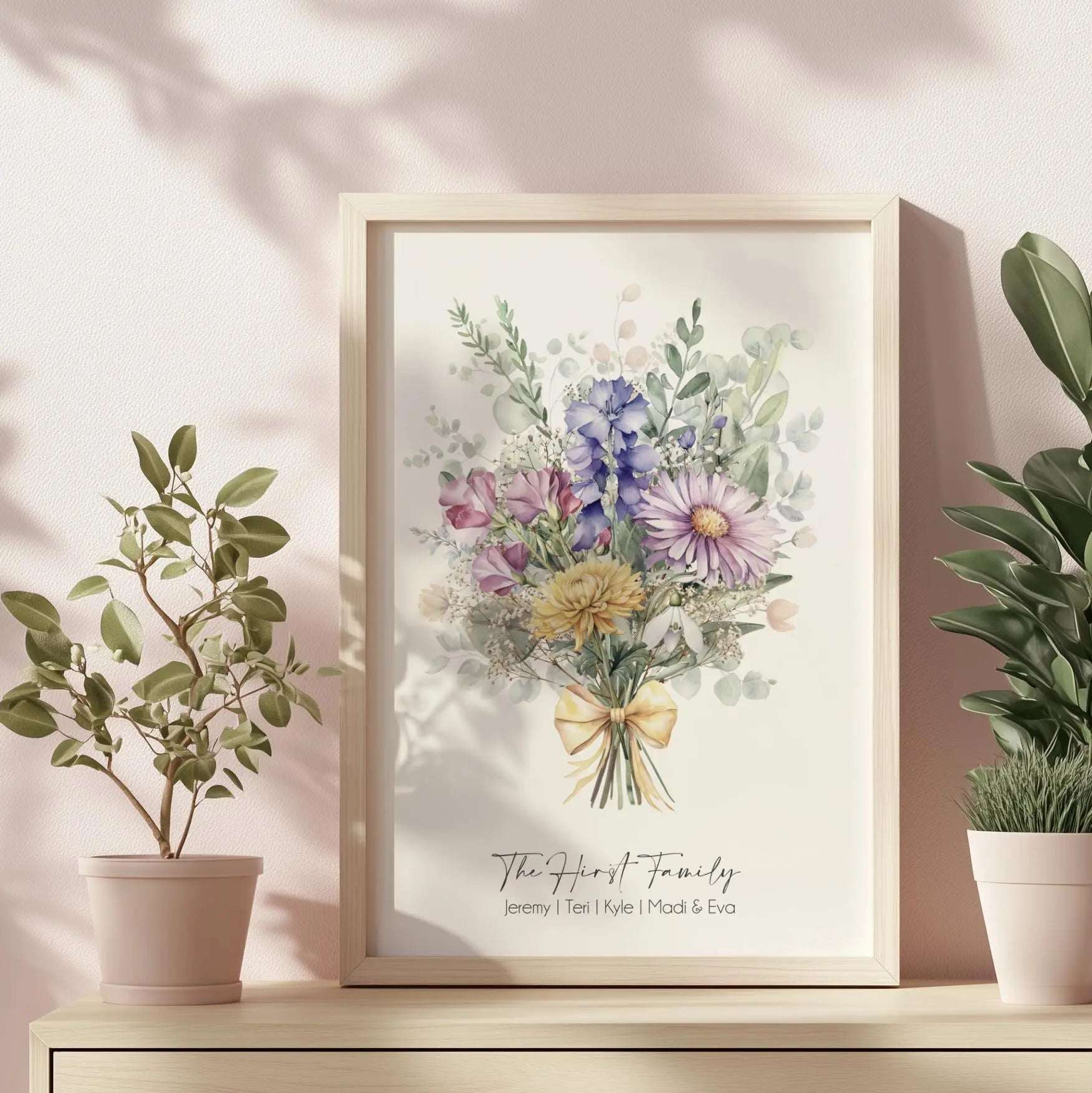 Custom digital print featuring a watercolour birth month flower bouquet, personalised with family and individual names