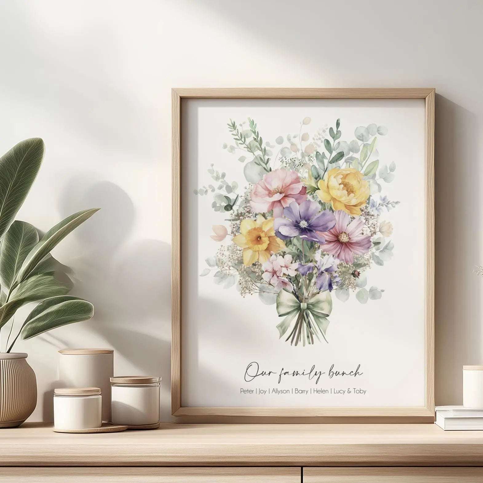 Custom digital print featuring a watercolour birth month flower bouquet, personalised with family and individual names