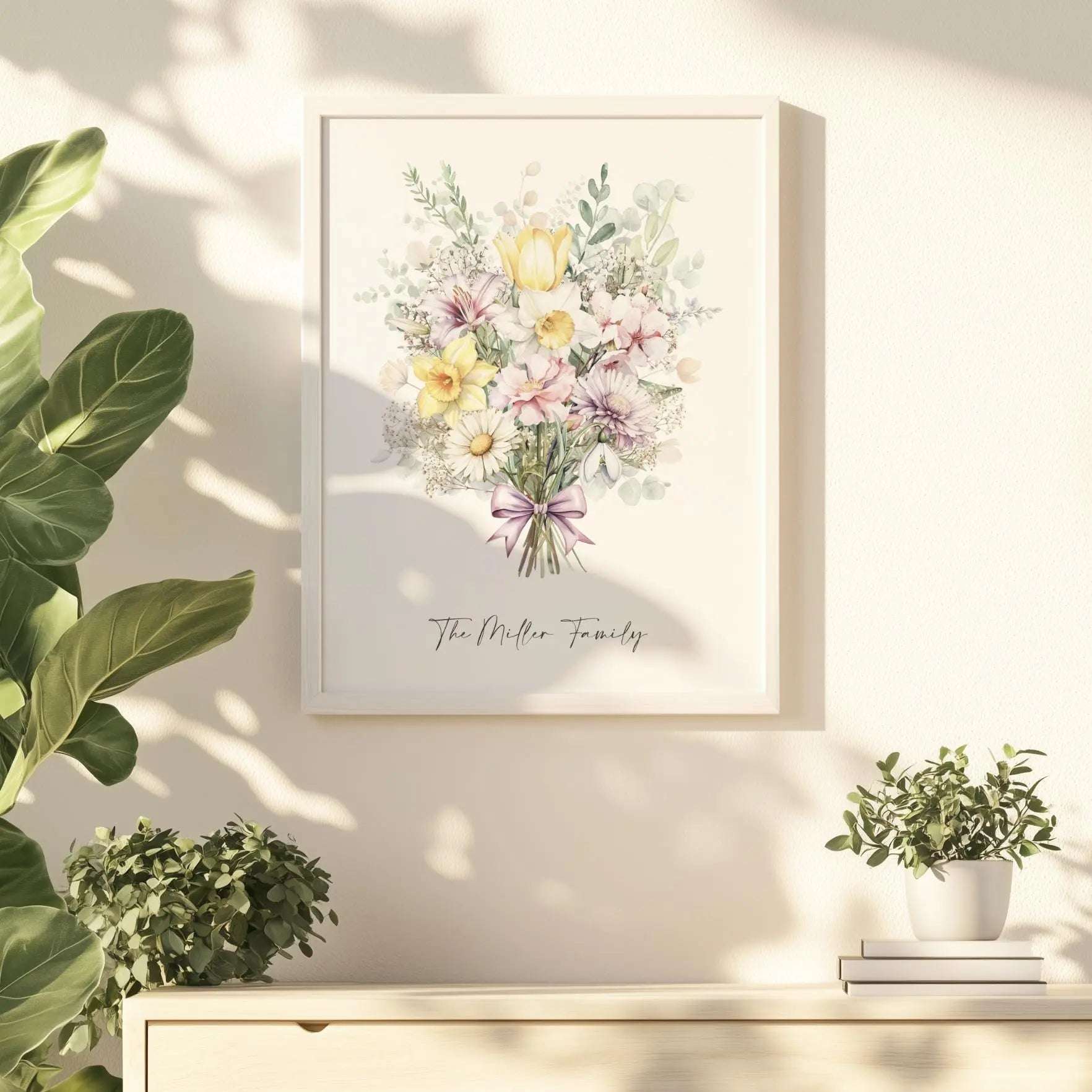 Custom digital print featuring a watercolour birth month flower bouquet, personalised with family and individual names