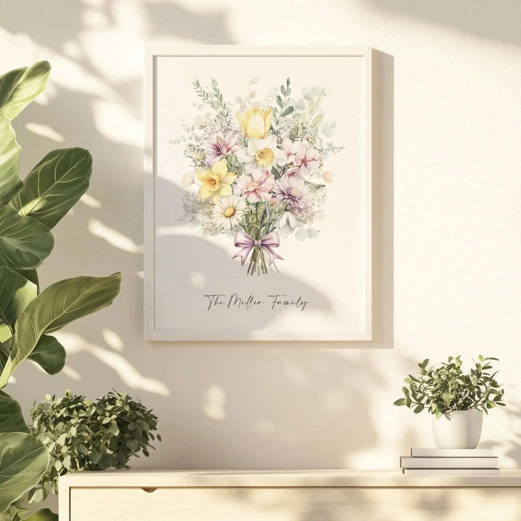 Personalised print featuring a watercolour birth month flower bouquet, customised with family and individual names