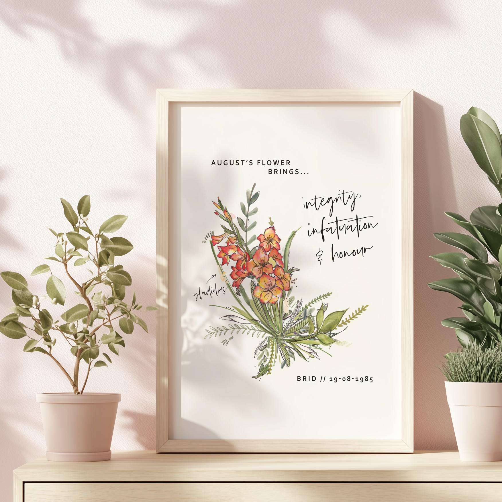 Personalised print featuring a single birth month flower in watercolour, its meaning, and the recipient's custom name