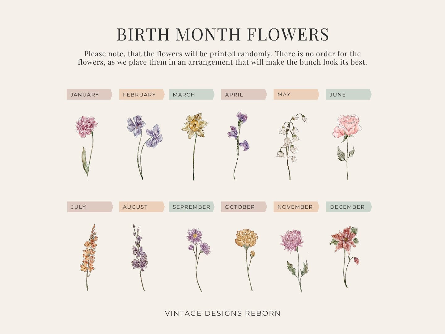 Example of birth month flowers for personalised print design
