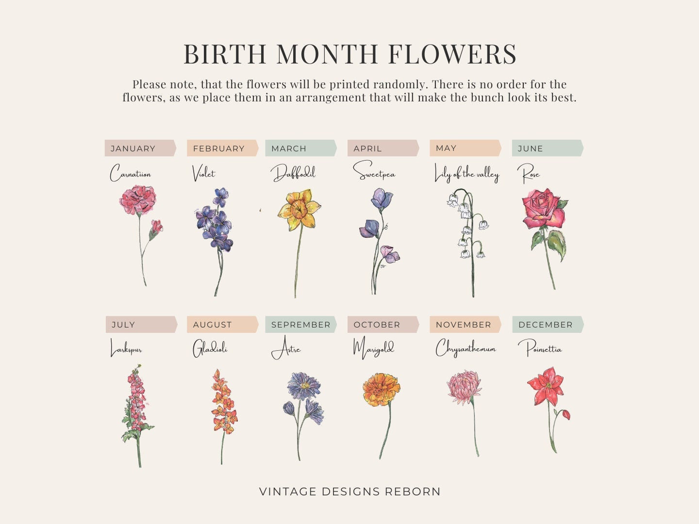Example of birth month flowers for personalised cushion design
