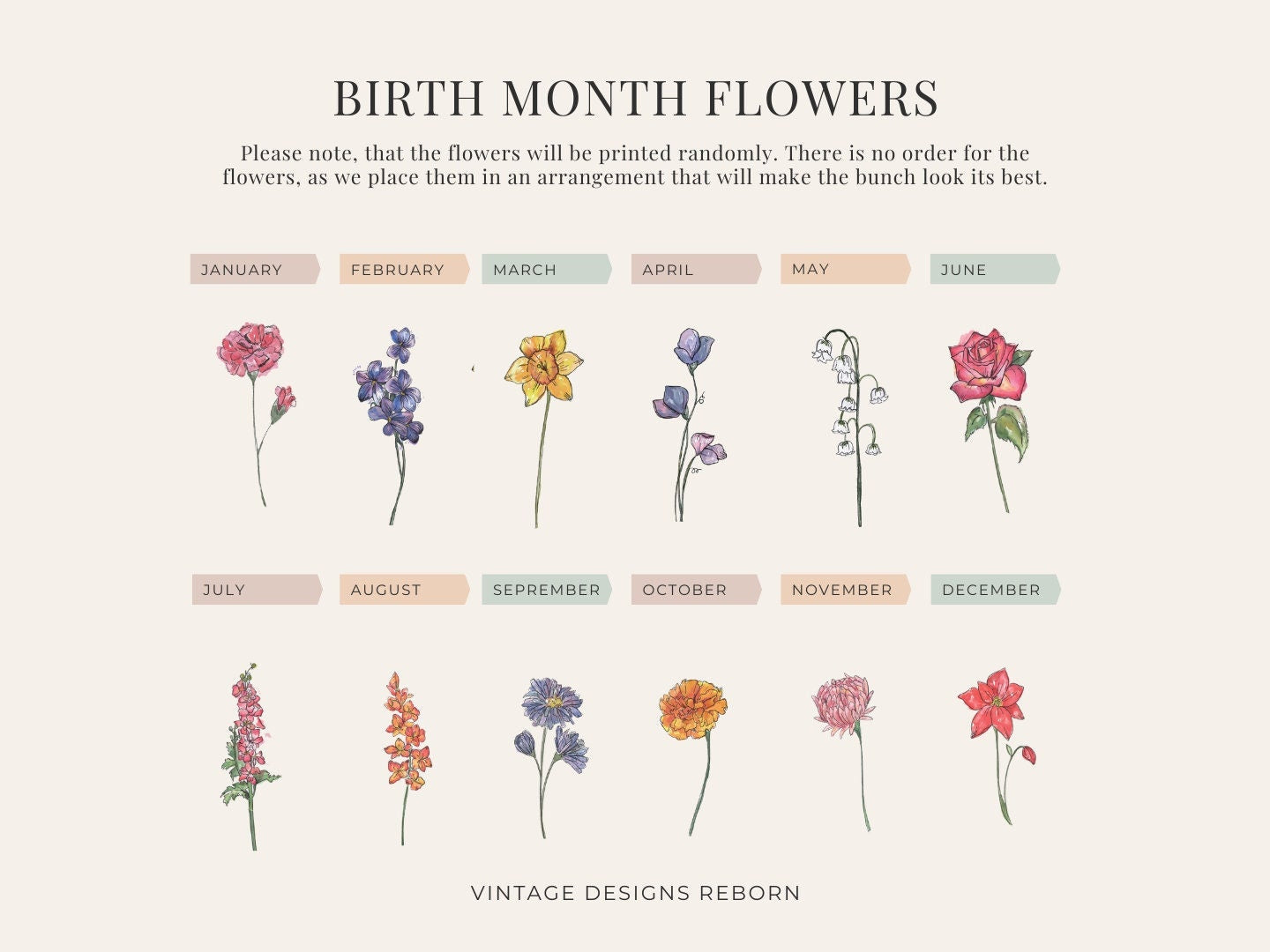 Example of birth month flowers for personalised print design
