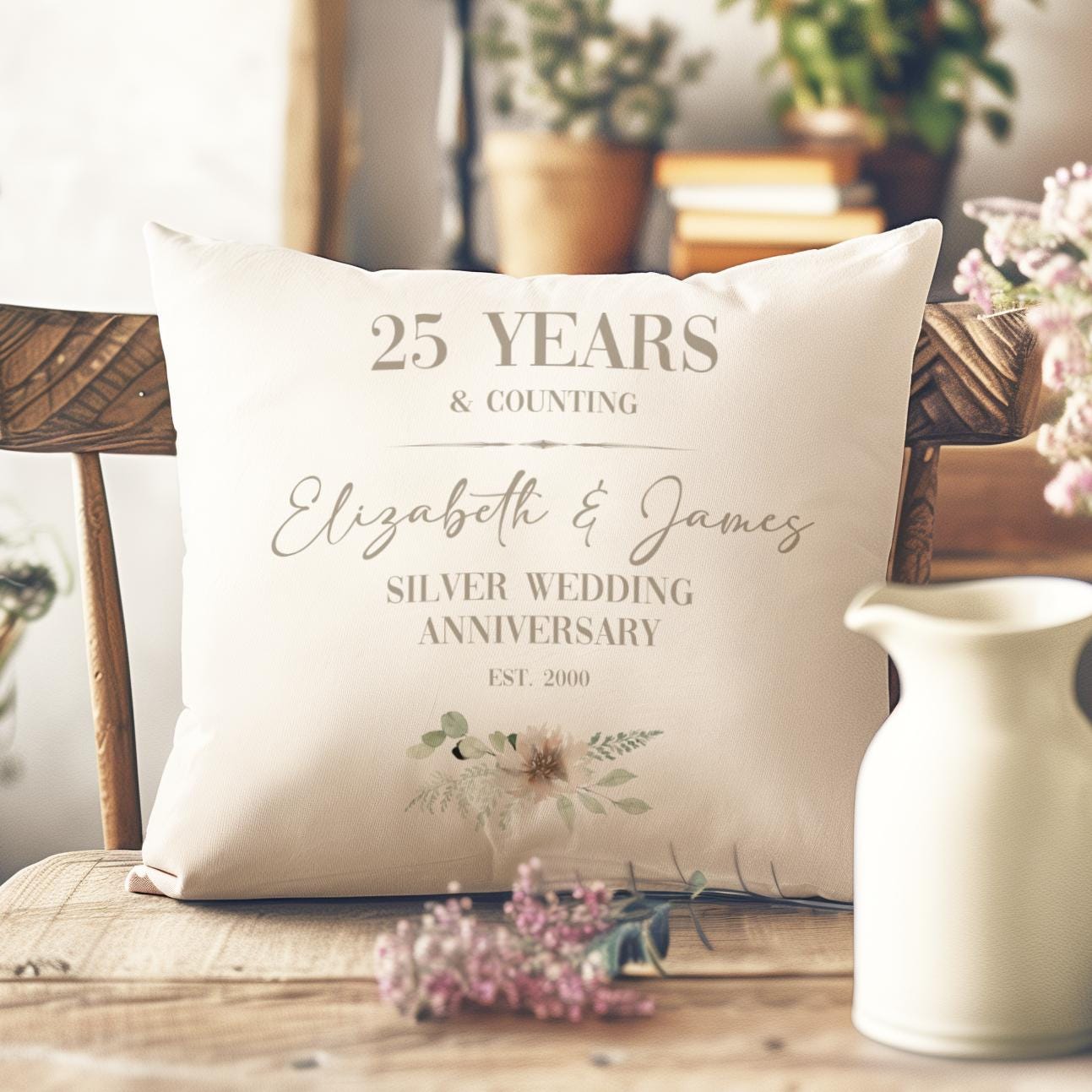 Personalised silver 25th wedding anniversary cushion for a couple, customised with names and a significant date