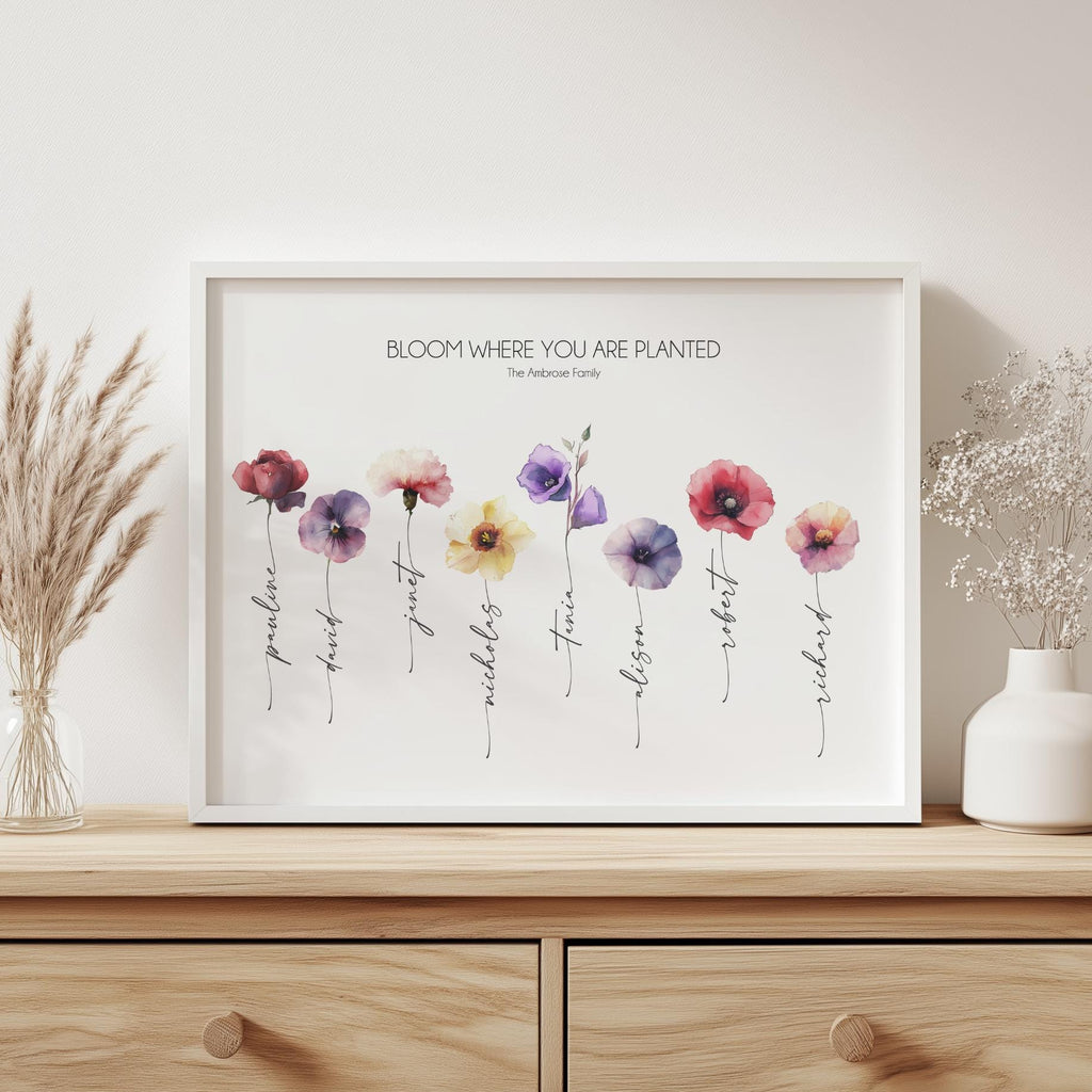 Watercolour family birth month flower print with the quote "Bloom Where You Are Planted," personalised with family names