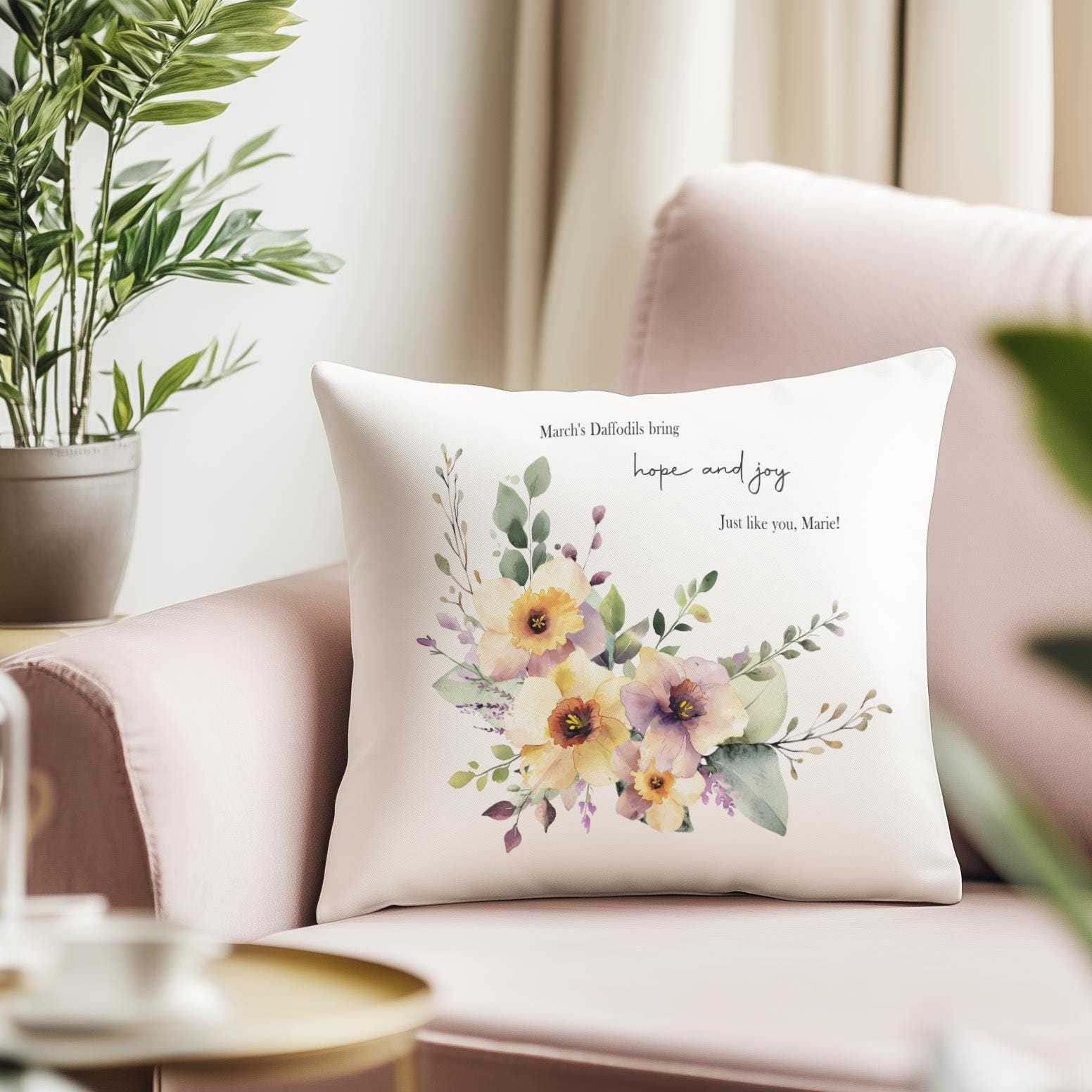 Personalised cushion featuring a single watercolour birth month flower, its meaning, and a short custom message