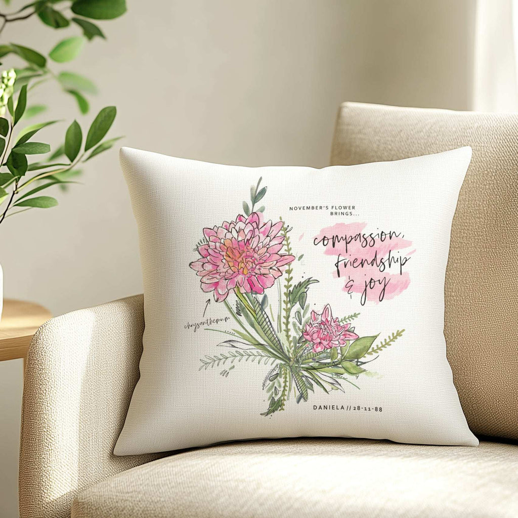 Personalised cushion cover featuring a watercolour birth month flower and a description of its meaning, with an optional name and date