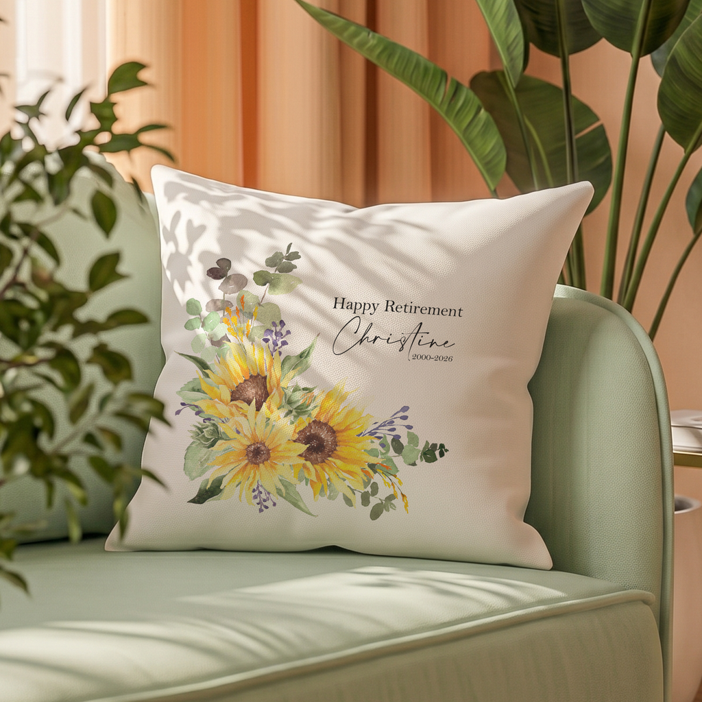 Retirement Cushion | Personalised Watercolour Sunflower Gift for Her