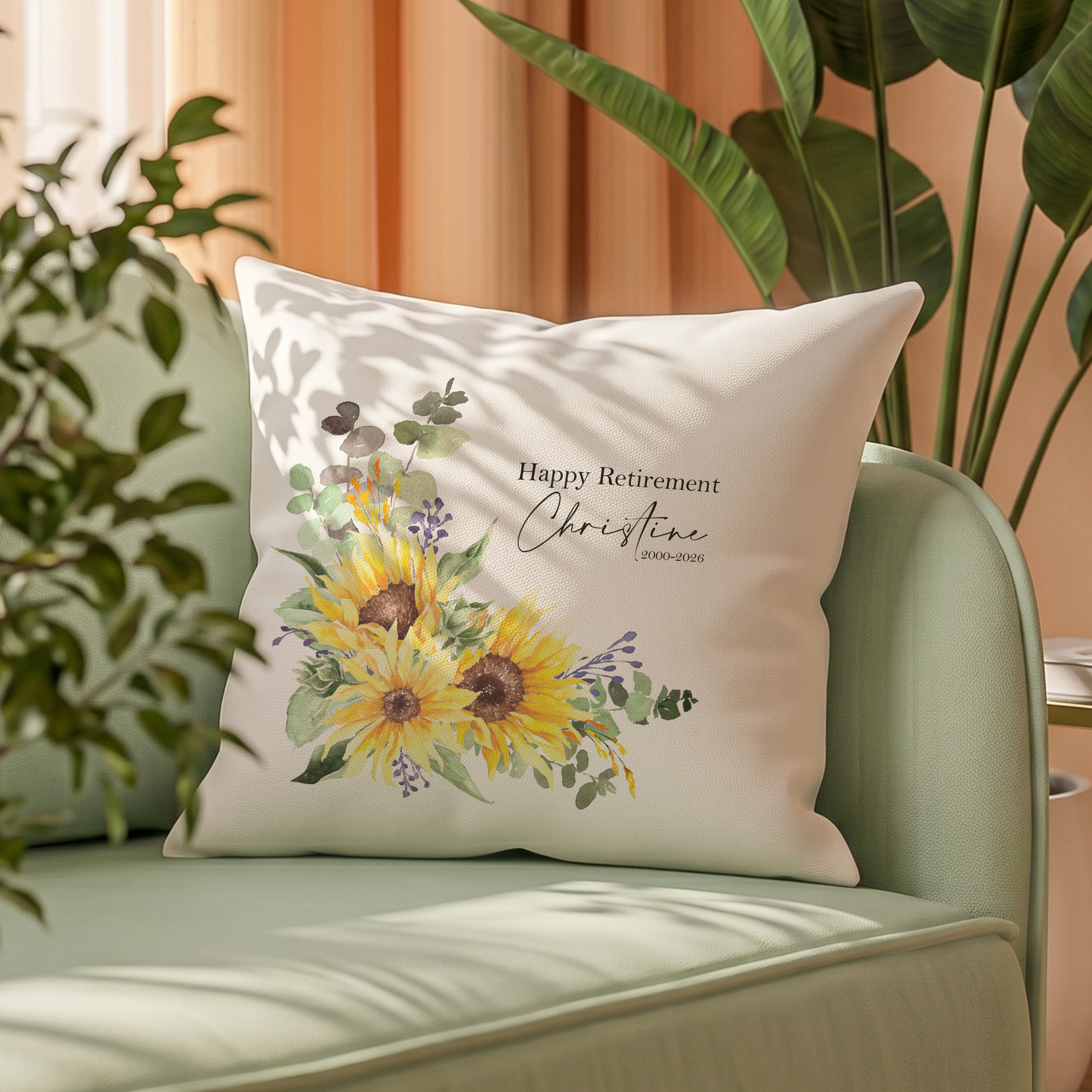 Retirement Cushion | Personalised Watercolour Sunflower Gift for Her