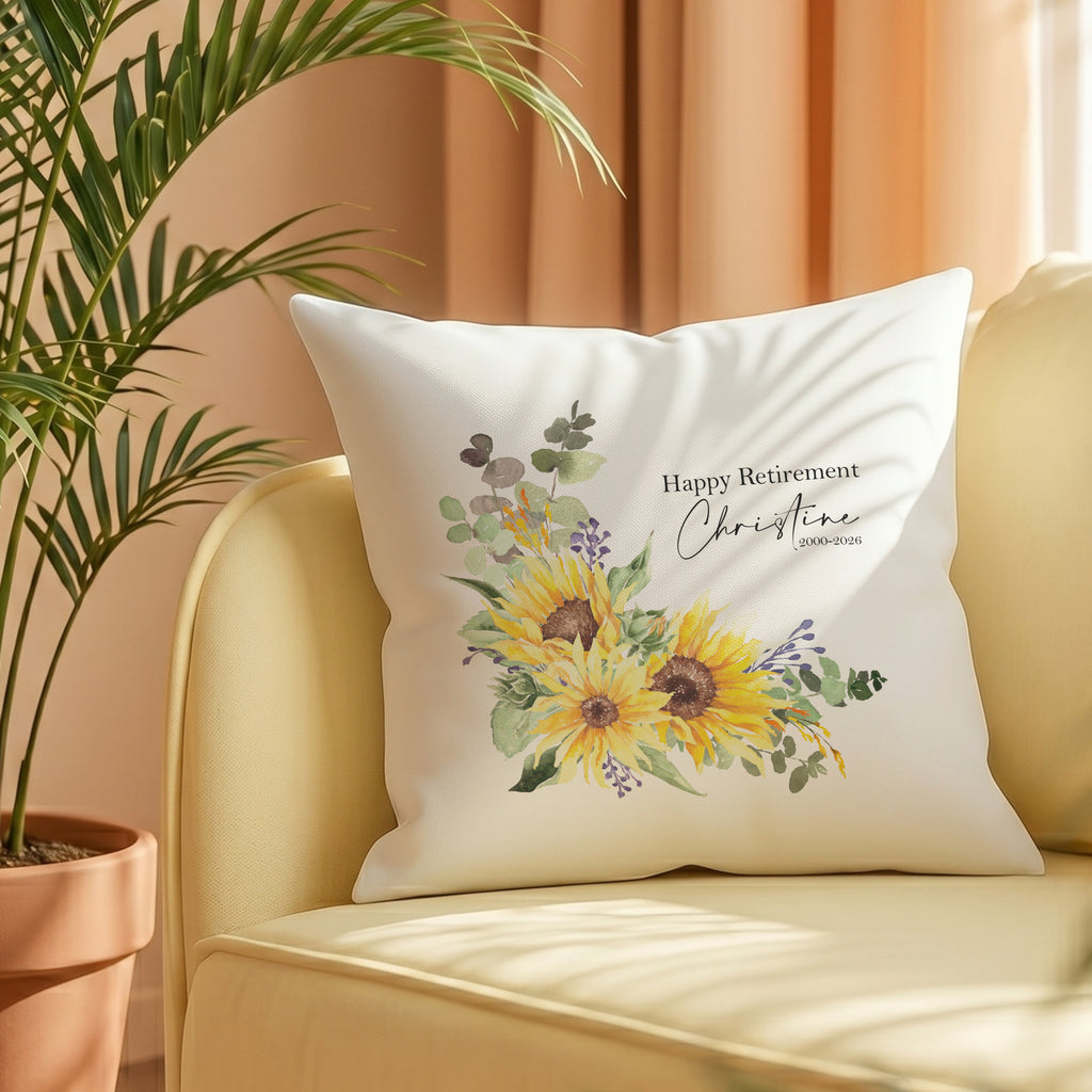 Retirement Cushion | Personalised Watercolour Sunflower Gift for Her