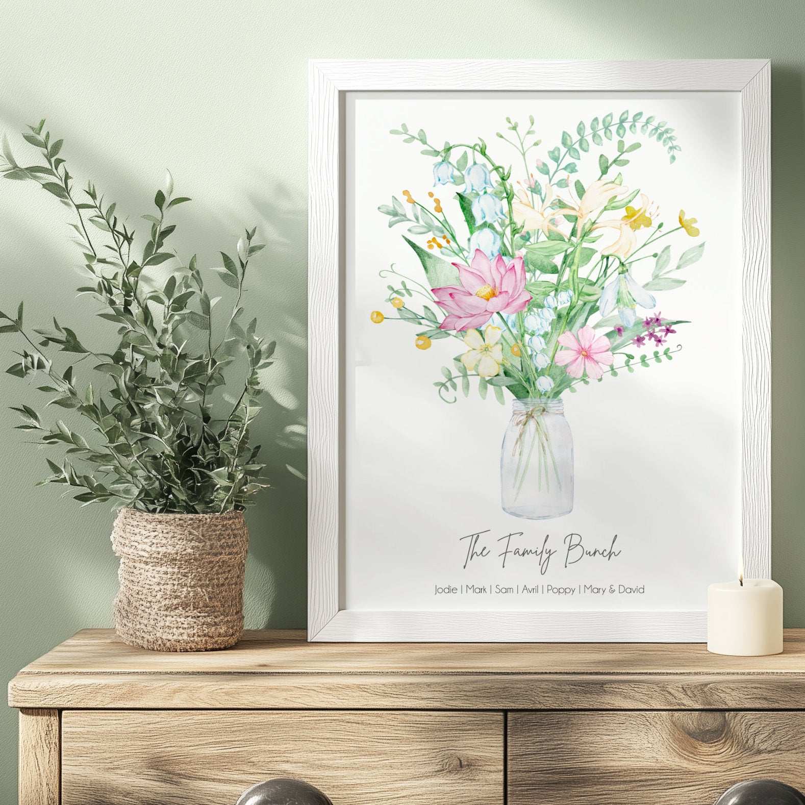 Personalised digital watercolour art of a family birth flower bouquet with wildflowers, customised with names and a unique design